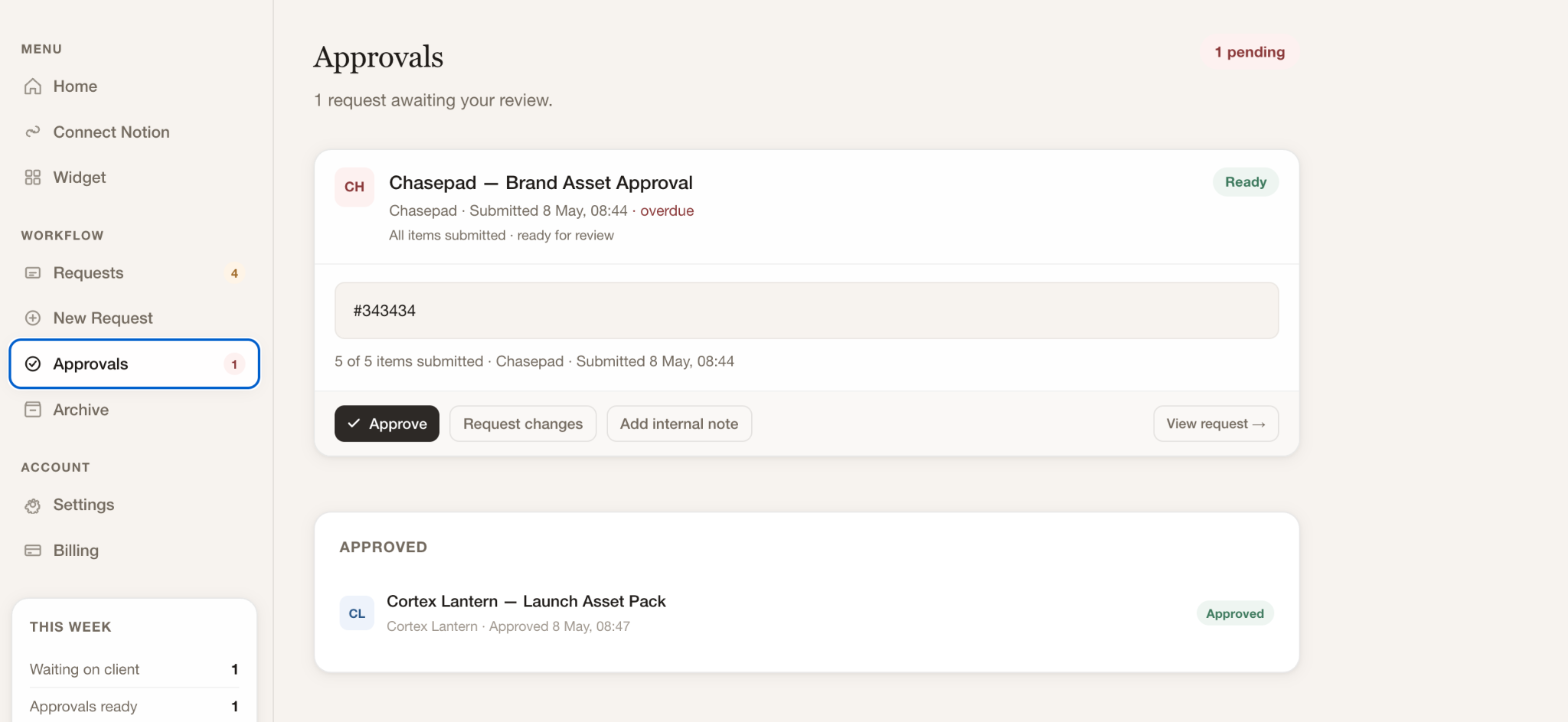 Chasepad approvals screen showing a pending review with approve, request changes, and internal note actions.