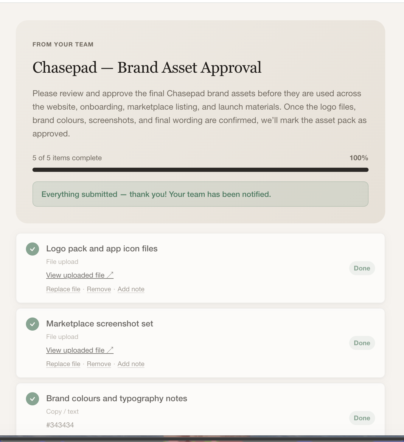 Chasepad public client request page showing a completed brand asset approval request.