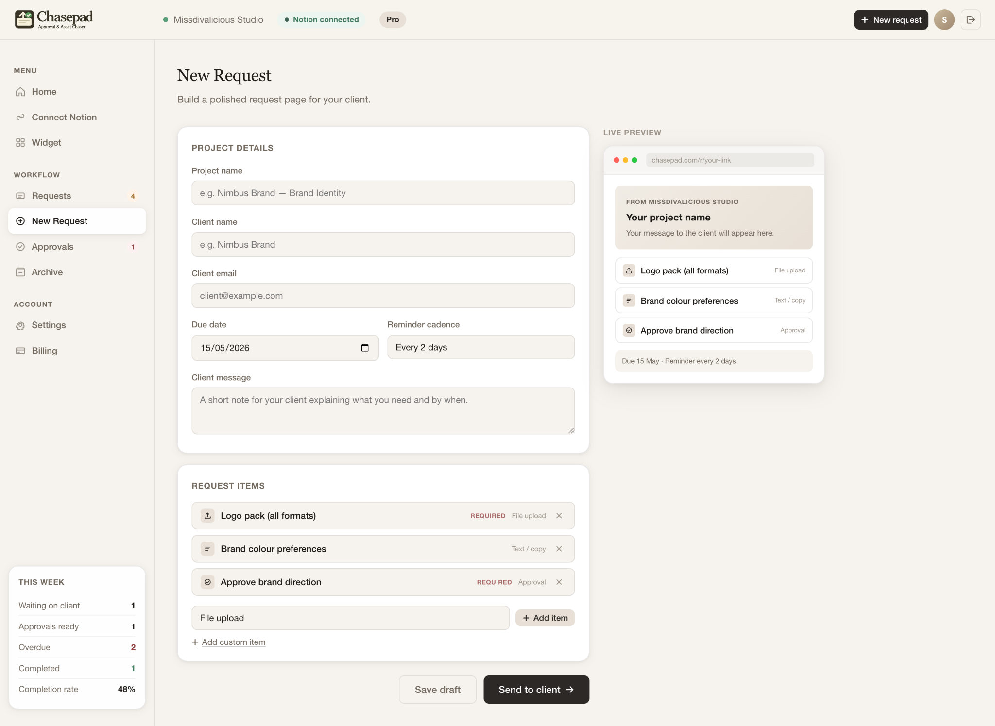 Chasepad new request screen showing project details, request items, and a live client-link preview.