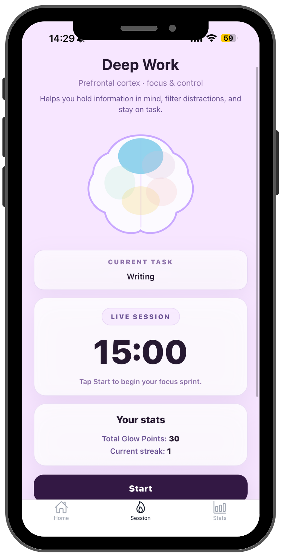 Cortex Lantern Deep Work live focus session screen with timer, current task, brain visual, and Glow Point stats.