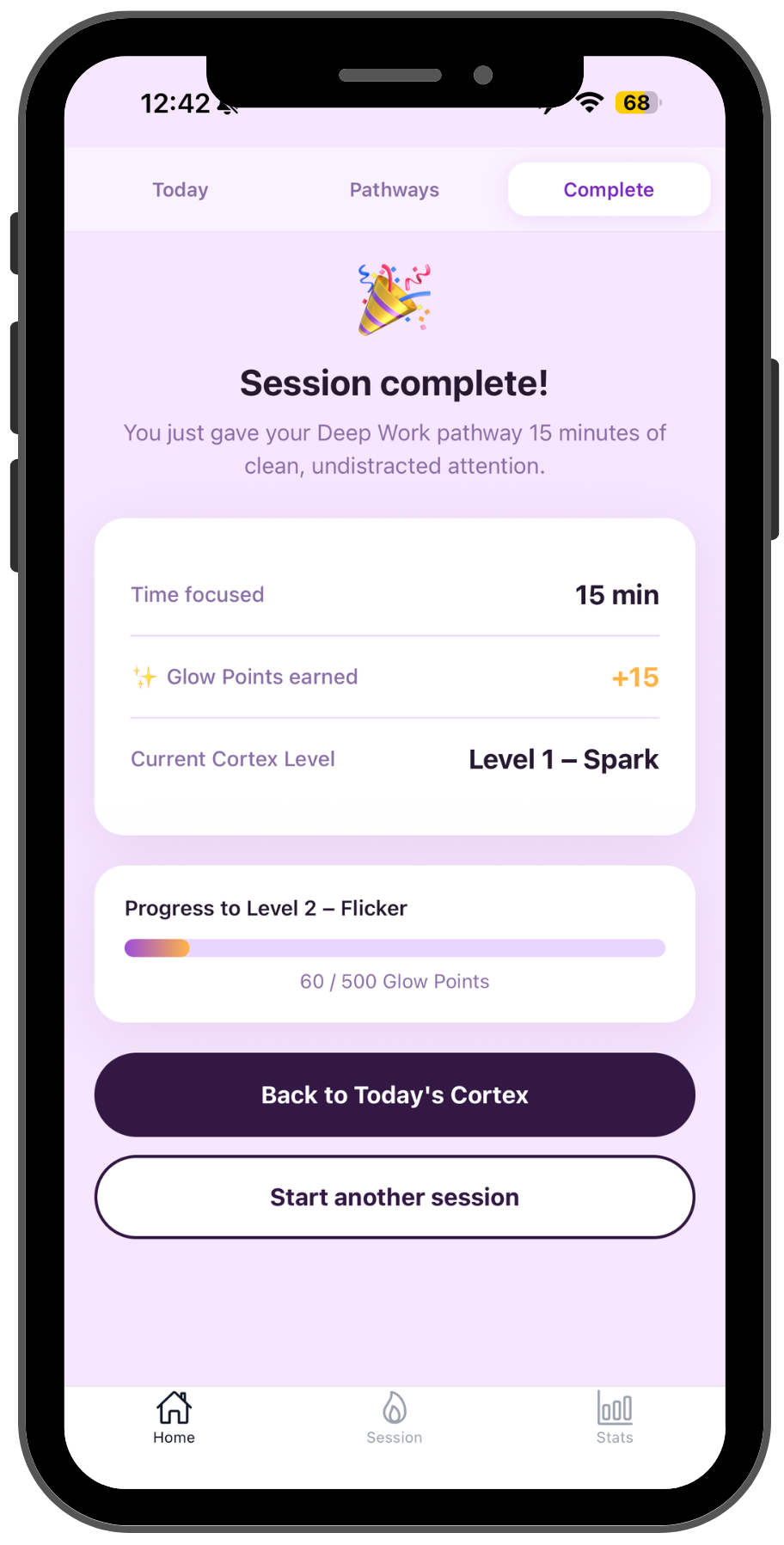 Cortex Lantern session complete screen.