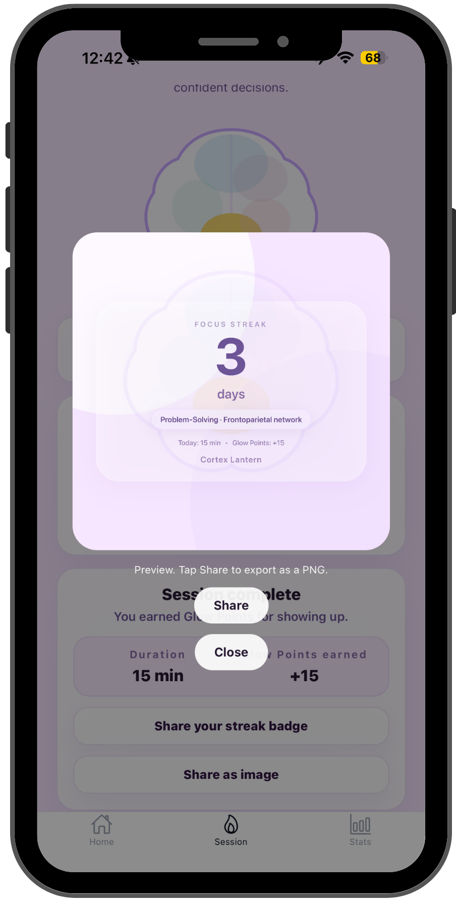 Cortex Lantern share modal showing a focus streak badge ready to export as an image.