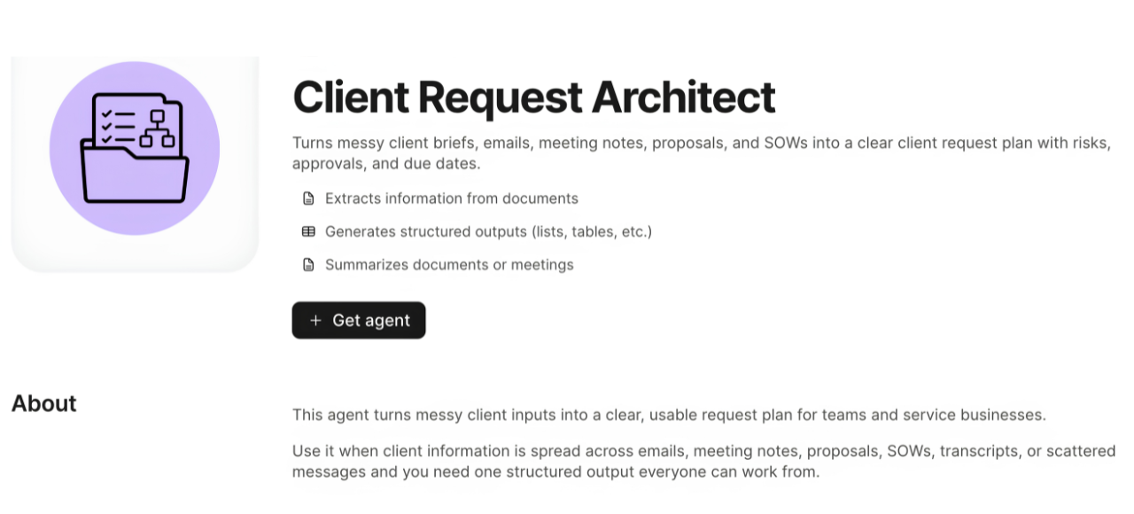 Notion Marketplace listing for Client Request Architect.
