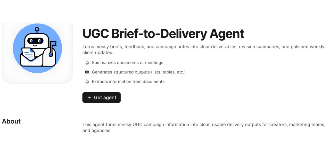 Notion Marketplace listing for UGC Brief-to-Delivery Agent.