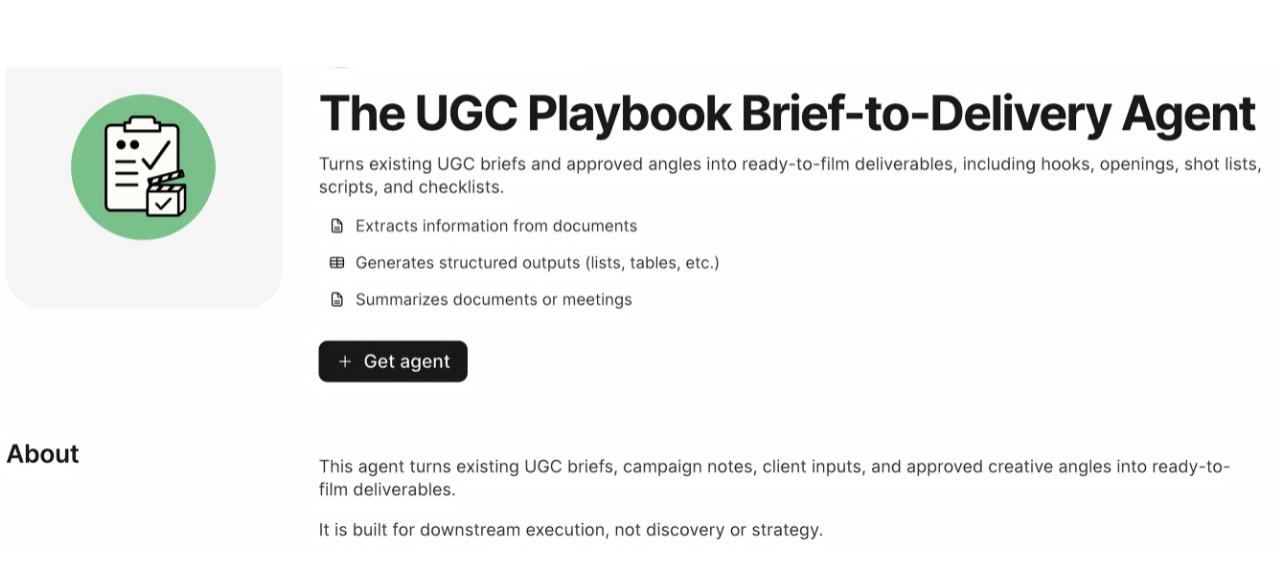 Notion Marketplace listing for The UGC Playbook Brief-to-Delivery Agent.