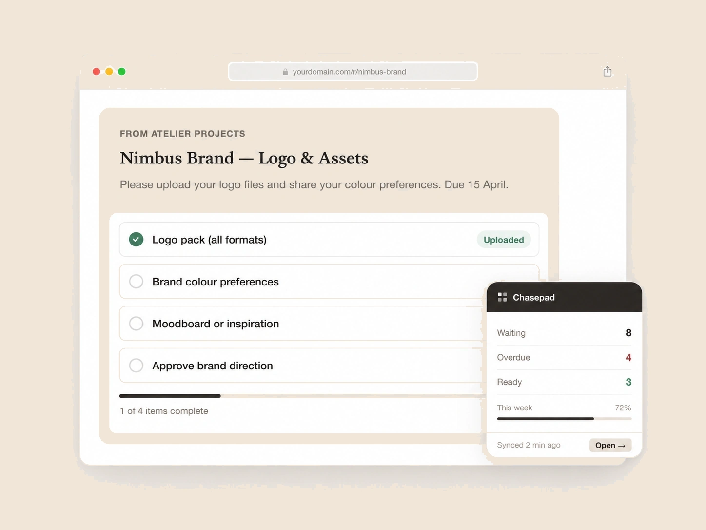 Chasepad client request page preview with synced Notion widget