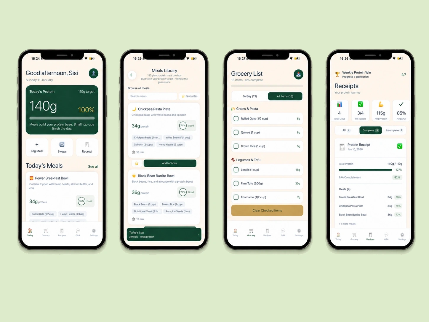 Vegan Protein Planner app expanded preview showing today protein, meals library, grocery list, and receipts screens