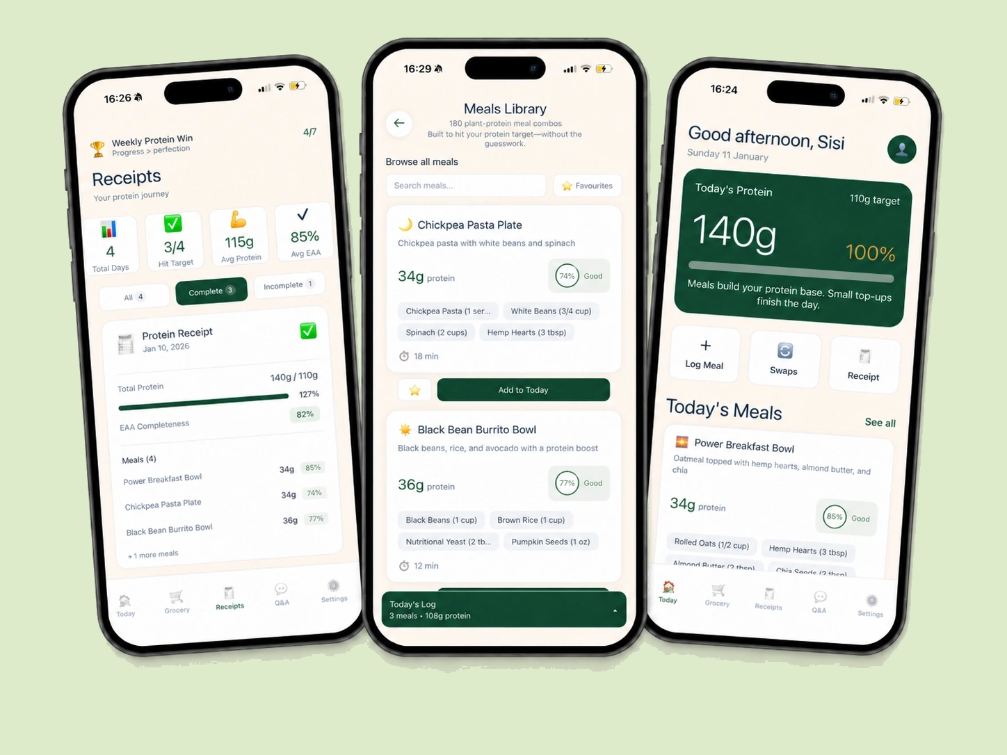 Vegan Protein Planner app preview showing today protein, meals library, and receipts screens
