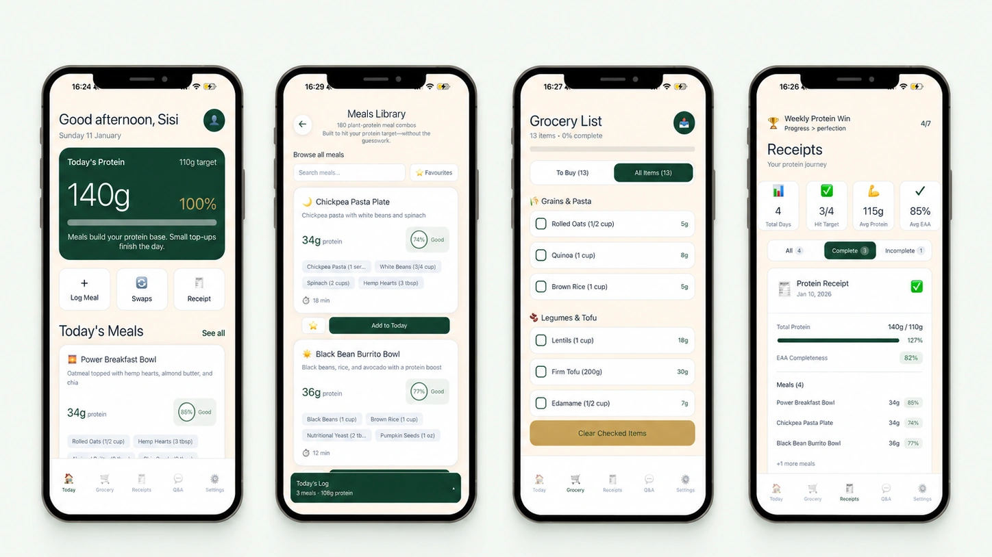 Vegan Protein Planner iPhone screens showing receipts, meal combos, and protein dashboard.