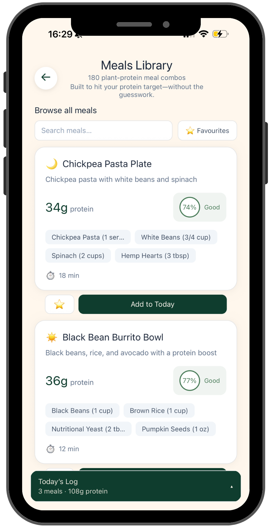 Vegan Protein Planner meals library showing plant-protein meal combos and Add to Today action.