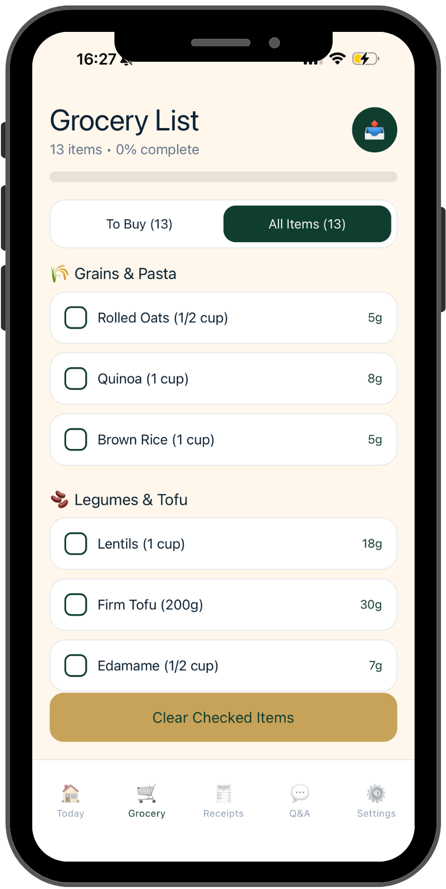Vegan Protein Planner grocery list generated from selected plant-protein meals.