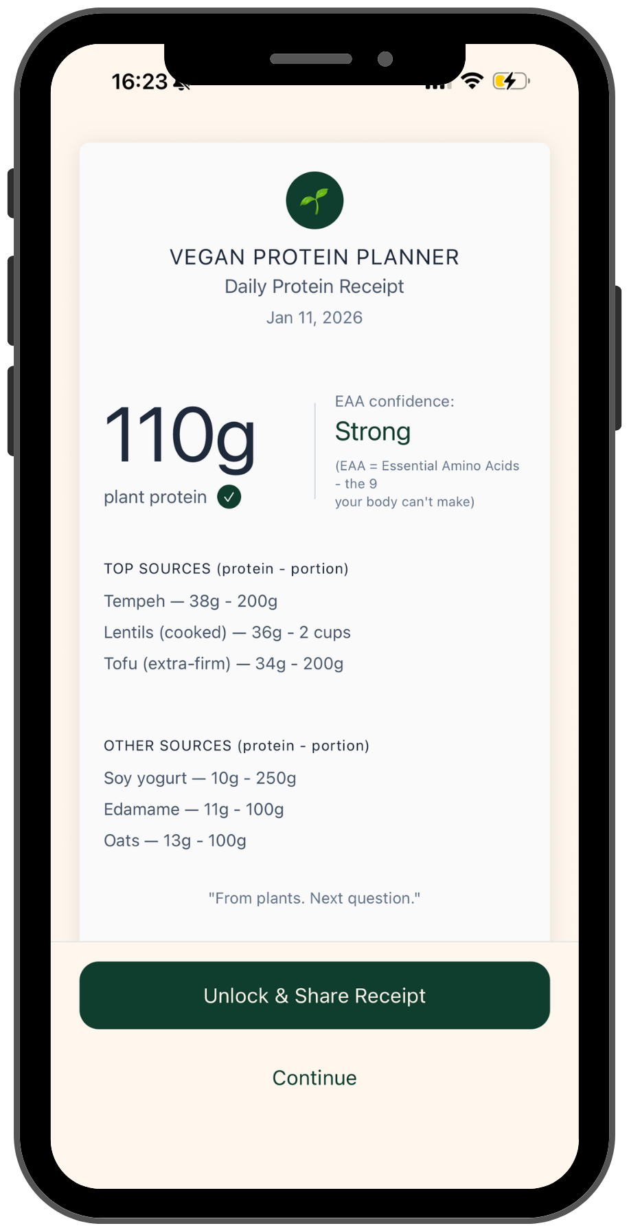 Vegan Protein Planner daily Protein Receipt screen.