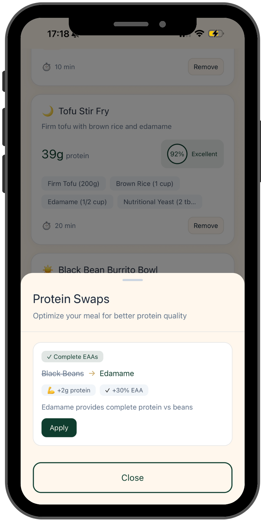 Vegan Protein Planner smart protein swaps screen.