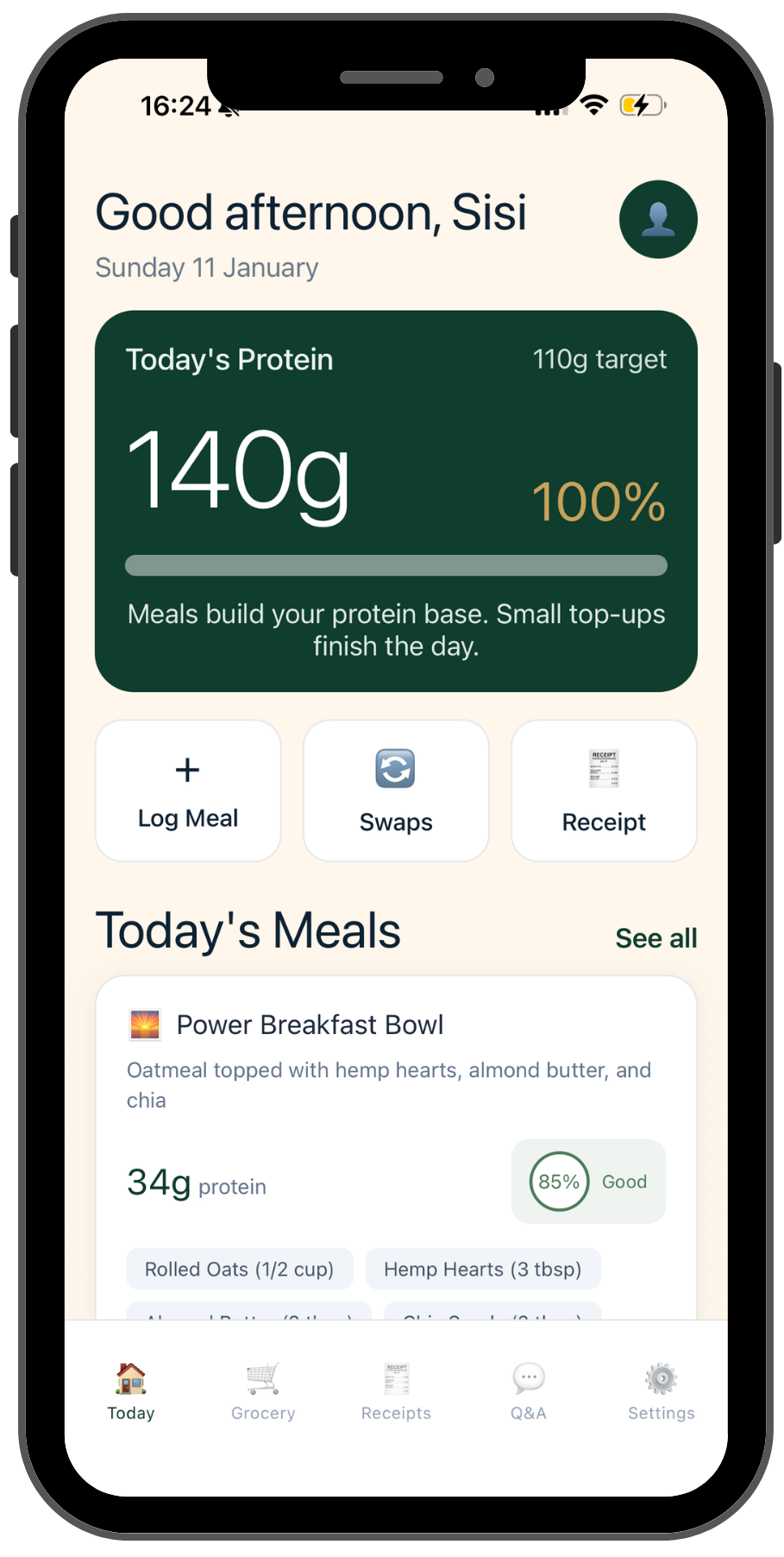 Vegan Protein Planner dashboard showing daily protein target and meals.