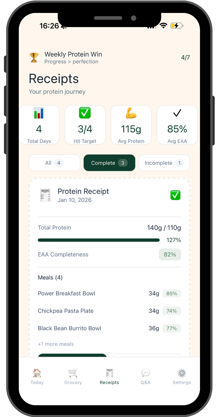 Vegan Protein Planner receipts screen showing weekly protein win, average protein, and average EAA.